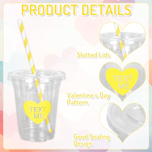 Conversation Heart Valentine's Day Disposable Plastic Cups with Lids & Straws - 12oz, 60 Pack