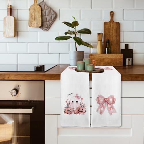 Pink Ghost Halloween Kitchen Towels & Dishcloths Set of 2 - Cute Fall Home Decor