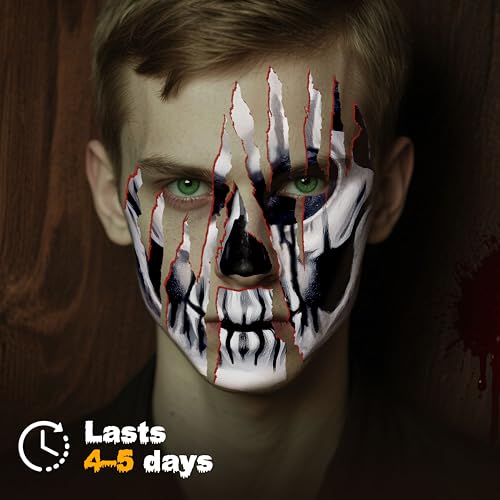 Halloween Face Tattoos Set - Waterproof Skeleton Zombie & Clown Designs for Costume Makeup
