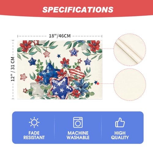 Patriotic American Flag 4th of July Placemat Set - 12x18 Inch Rectangular, Pack of 4, Memorial Day Table Decor