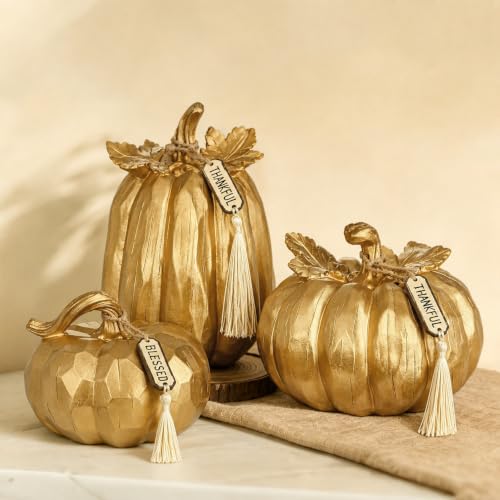 Gold Fall Pumpkin Decor Set of 3 - Faux Resin Autumn Centerpieces with Rustic Stems - Variation Gold#123