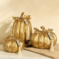 Gold Fall Pumpkin Decor Set of 3 - Faux Resin Autumn Centerpieces with Rustic Stems - Variation Gold#123