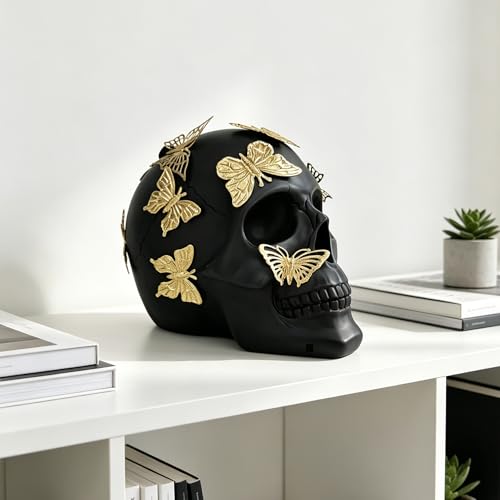 Black Skull Statue Gothic Figurine for Home Decor - Large Halloween Ornament with Butterflies
