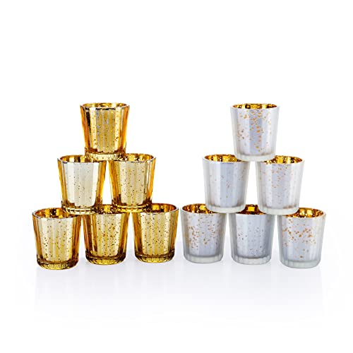 Set of 12 Silver and Gold Mercury Glass Votive Candle Holders - Wedding, Holiday Decor