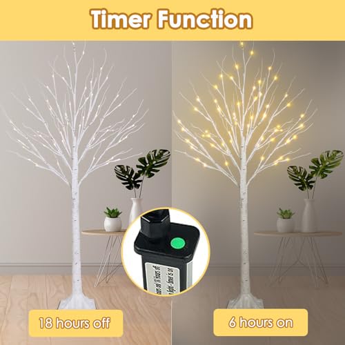 Warm White Lighted Birch Tree - 4FT LED Twinkling Tree with Timer & Waterproof