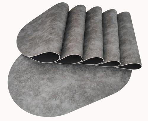 Dark Gray Oval Faux Leather Placemats Set of 6 Waterproof & Heat Resistant
