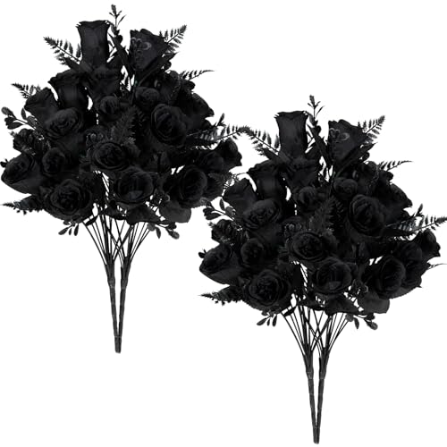 Artificial Black Rose Flowers Bouquet - 4 Pack, Realistic Silk Roses for Halloween & Fall Decor