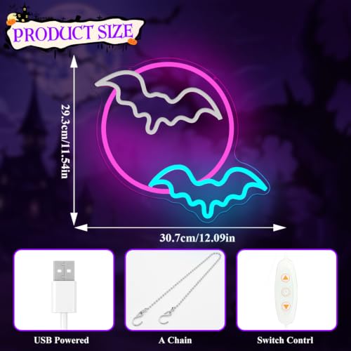 Enshanneon Moon Bats Neon Sign - Flashing Bats Halloween LED Wall Light