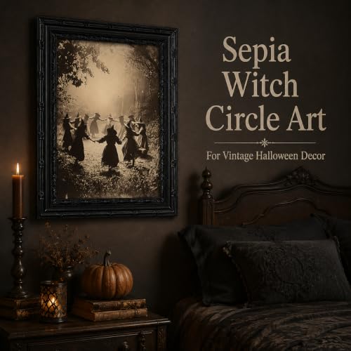 Halloween Witches Gathering Canvas Wall Art - Framed Gothic Forest Scene, 16x12 Inches - Witch B Variation
