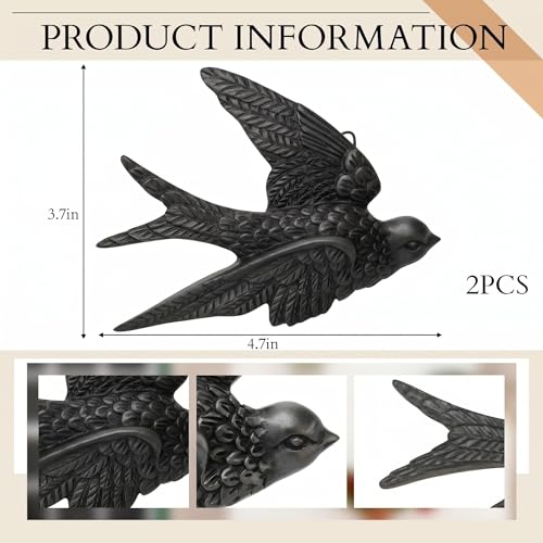 Kathfly 2 Pcs Black Swallow Wall Decor - 4.7-Inch Resin Bird Art, Modern Black Finish