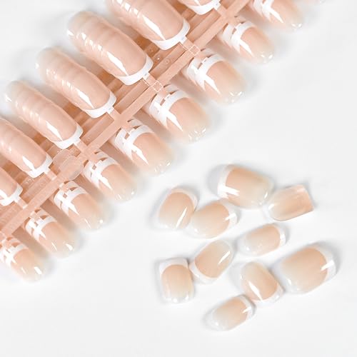Pink French Press-On Nails Short Square Round False Nails with Adhesive Tabs - Reusable, Glossy Nude