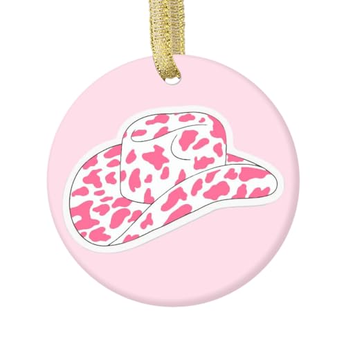 Pink Cowgirl Hat Christmas Ornament Ceramic Pendant Holiday Decor Gift