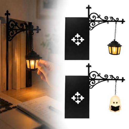 Halloween Ghost Bookshelf Lamp Set - Mini Decorative Lanterns for Bookcase & Reading Nook (2PCS, Lantern + Ghost)