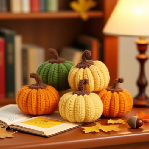 Mini Knit Pumpkins Set of 5 Fall Decor Autumn Bowl Fillers - Yellow, Orange, Green