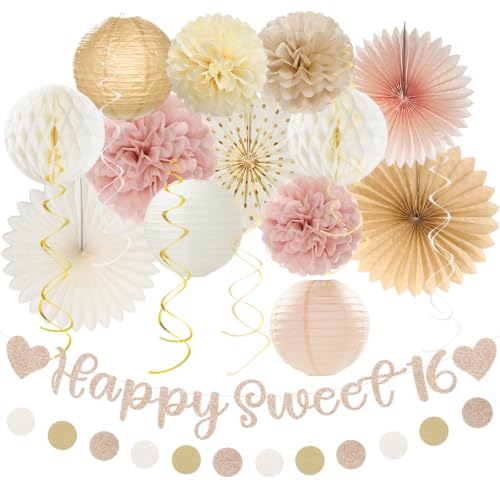 Girls Sweet 16 Birthday Decorations Set Champagne Gold Beige Party Supplies - Huglony