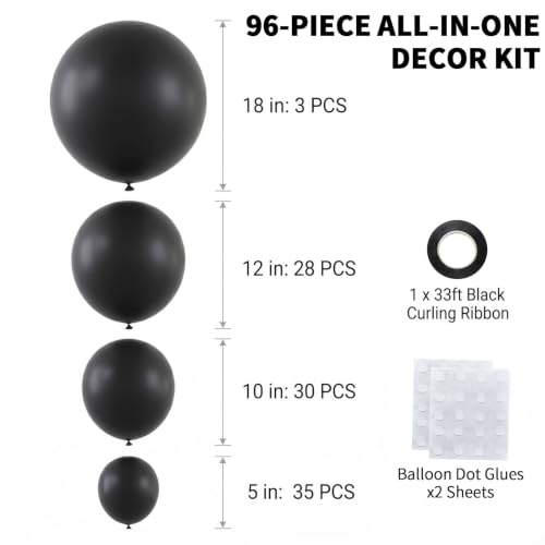 Black Latex Balloon Garland Kit - 96pcs Matte Balloons for Party Decor