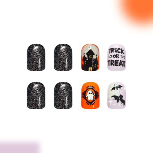 Halloween Press On Nails Short Square Fake Nails with Variation 26 Black Blue