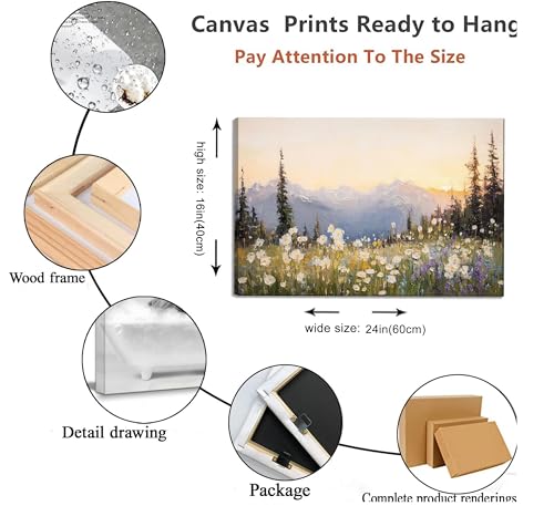 Landscape Canvas Wall Art - 24x16 Inches Sunset Mountain & Wildflowers