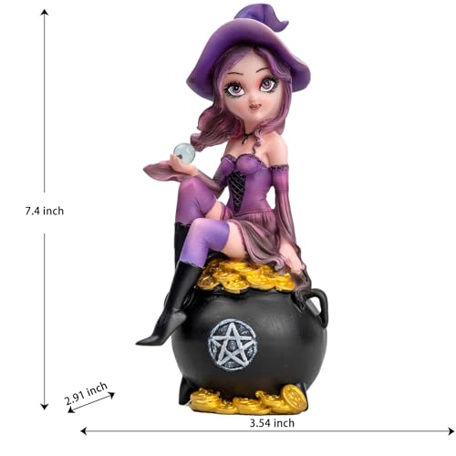 Purple Witch Resin Statue on Cauldron with Crystal Ball & Gold Coins - Whimsical Gothic Decor - Variation of THIS listing
