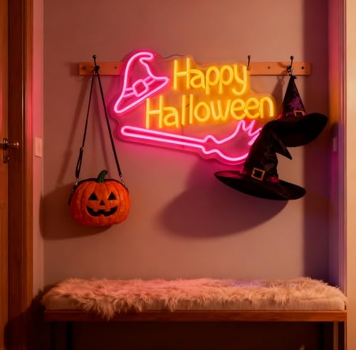 Happy Halloween Neon Sign - Pink Witch Hat & Broom LED Decor - 16.5x11 in - USB Powered - Variation of THIS listing