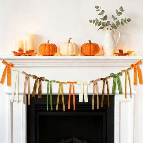 Fall Bow Garland for Autumn Decor, Thanksgiving Mantel Banner, Ready to Hang