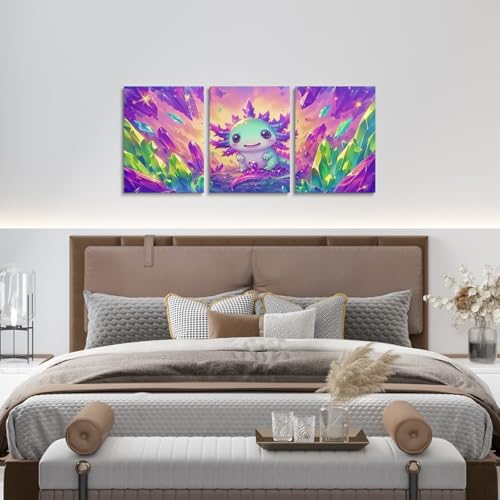3D Axolotl Wall Art Set - Purple Green Canvas Posters for Home Decor