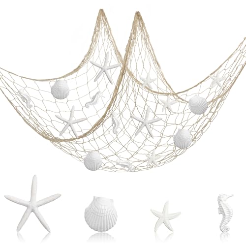 Nautical Fishnet Decor Set with Starfish, Shells, Seahorses - Ocean Theme Wall Art