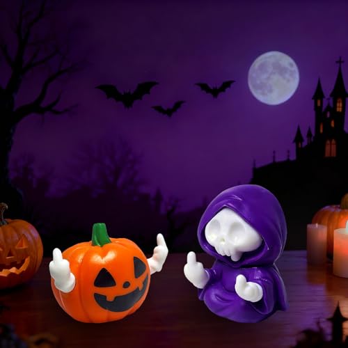 2PCS Halloween Pumpkin and Skeleton Figurines - Resin Skull Reaper Decor