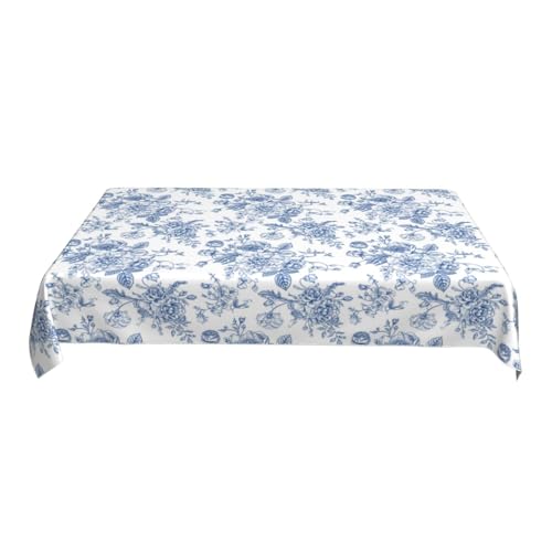 Blue Floral Square Tablecloth 60x104 Inch - Chinoiserie Flower Toile Polyester - Blue & White Decor for Parties and Kitchen