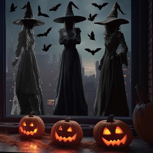 Large Halloween Window Clings - Witch & Bat Silhouette Decals for Glass, Reusable & Scary Decorations