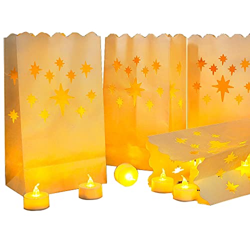 LED Candle Set with Luminary Bags - 50 Flickering Tea Lights for Wedding Party Halloween Christmas - Meteor Variation