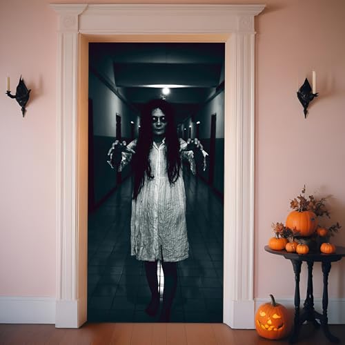 Halloween Door Backdrop Banner Ghost Girl Creepy Decor 73x35 Inch - Scary Party Supplies