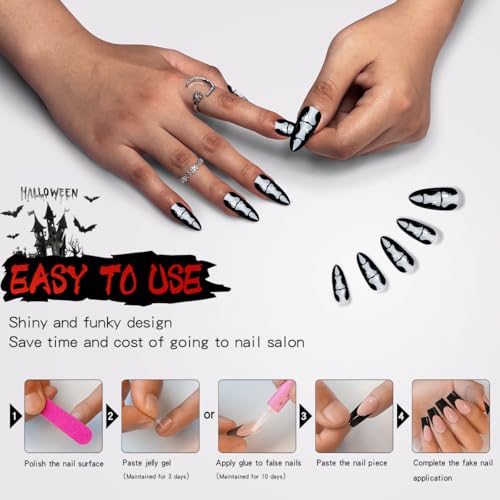 Halloween Press On Nails Kit Medium Stiletto Skeleton Vampire Black Fake Nails WSJ-2024-001