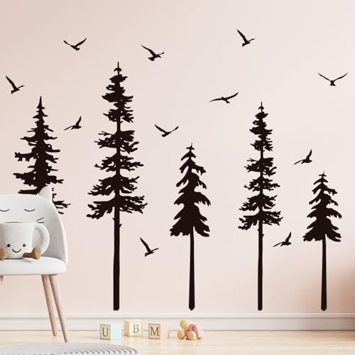 Black Forest Tree Wall Decals with Birds - Peel and Stick Woodland Mural for Bedroom