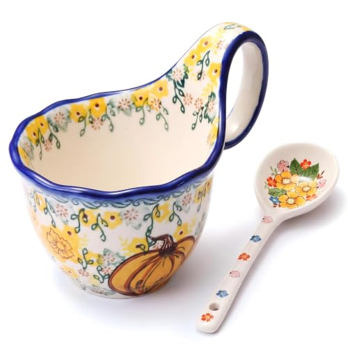 Vintage Pumpkin Floral Hand-Painted Ceramic Soup Bowl with Handle - 18oz