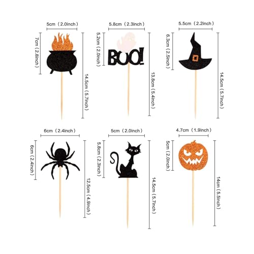 Halloween Cupcake Toppers 24PCS Ghost Pumpkin Cat Witch Cap Spider - Colorful