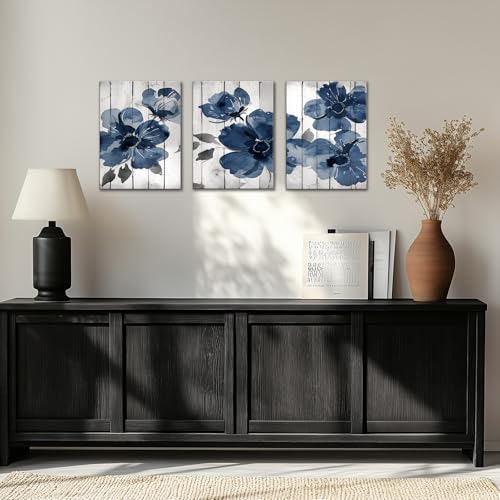 12x16in Navy Blue Wildflower Canvas Wall Art - Boho Floral Poster Set for Living Room & Bedroom