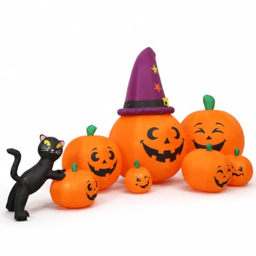 7FT Inflatable Halloween Pumpkin Family Decoration with Witch Hat and Black Cat