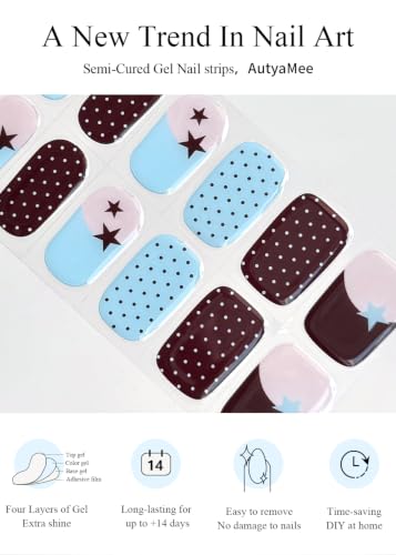 Semi Cured Gel Nail Strips with Polka Dot Stars - 20 Pc Nail Wraps & Stickers
