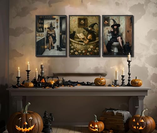 Witch Bathroom Wall Art Poster Set - Gothic Black Cat & Witch Reading in Bathtub, 24x16 Inches, Dark Academia Decor, Halloween & Gothic Home Decor Variation of THIS listing