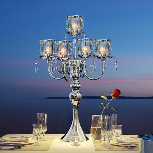 Crystal Candle Holder with Square Bowl - Silver 5-Arm 22-Inch Centerpiece for Weddings & Events - Variation: Square-Crystal Bowl