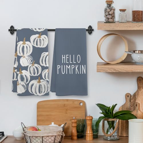 Hello Pumpkin Kitchen Towels Set - Dusty Blue, 16x24 Inches, Pack of 2 — Fall Holiday Decor