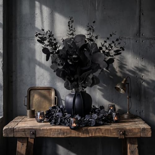 Black Artificial Eucalyptus Stems Set - 120 Pcs Dark Gothic Faux Foliage for Halloween & Industrial Decor - Variation: Black / 120