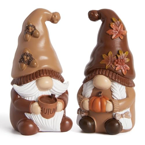 Fall Gnomes Set of 2 Resin Decorations - Brown & White Autumn Table Centerpieces