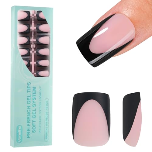 Deep French Gel Fake Nails Short Square Black French Tips - 150Pcs