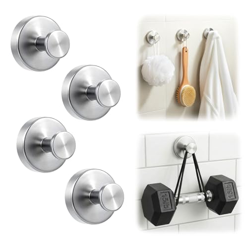 4 Pack Suction Cup Hooks for Shower - Heavy Duty Stainless Steel, Reusable Wall Mounts, Silver
