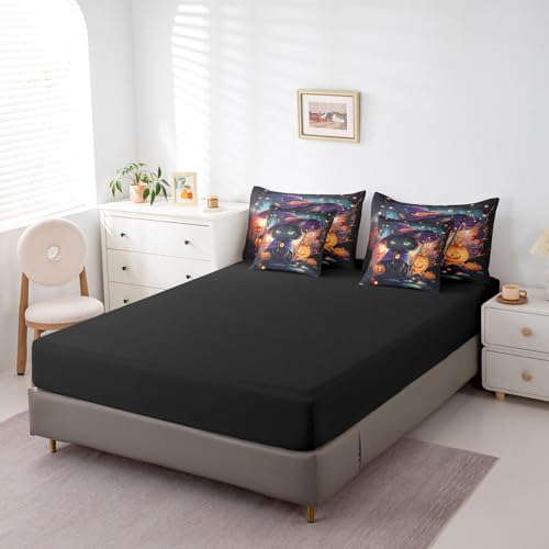 Halloween Black Purple Cat Bed in a Bag Set Full Size with Pumpkin Lantern Decor - Trick or Treat Bedding