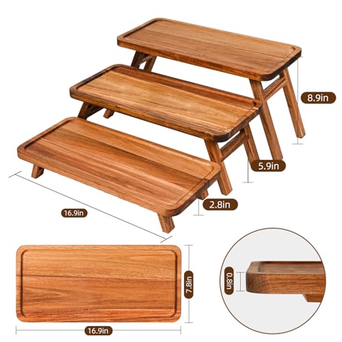 Acacia Brown 3-Tier Wooden Serving Tray Set - Foldable Dessert & Charcuterie Display