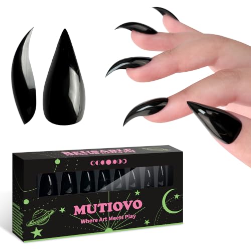 Reusable Press On Nails Cat Claw Short Curved Stiletto Black - DIY Halloween & Cosplay