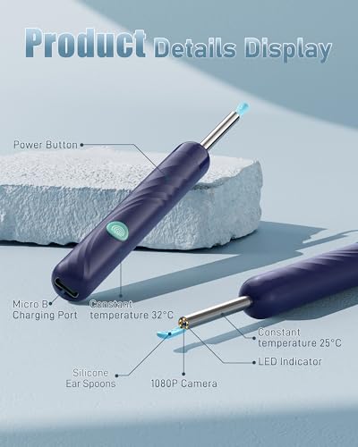 Deep Blue Ear Wax Removal Kit with Camera and Light - 1080P, Includes 6 Soft Spoons